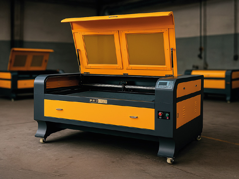 Máquina láser CNC 130x100 con tapa abierta, ideal para corte y grabado de acrílico, MDF y cuero.