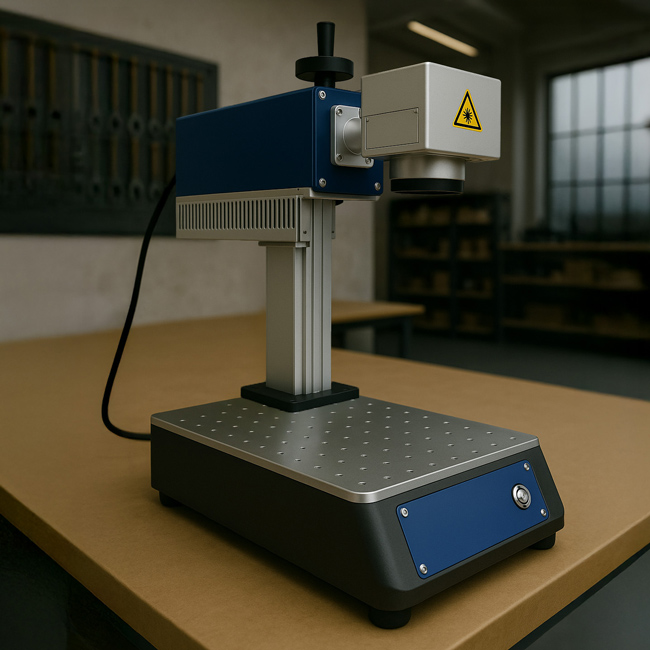 Máquina láser UV 5W compacta para grabado de precisión sobre plásticos, vidrio y silicona.
